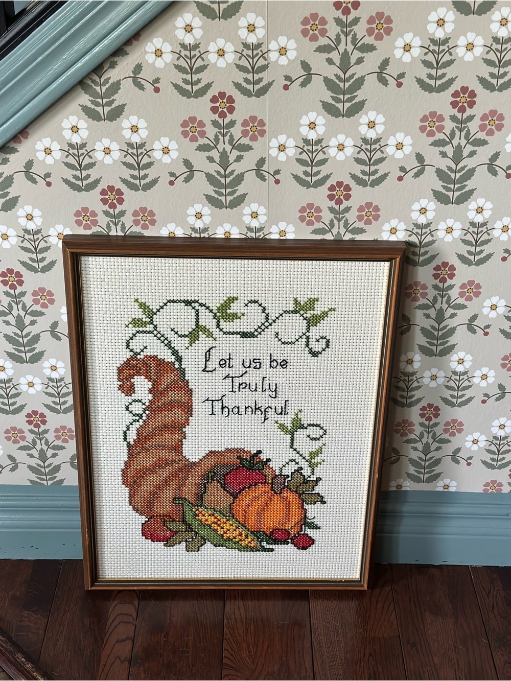 Framed Autumn Cornucopia Cross Stitch Wall Art - Brown, Orange, Green